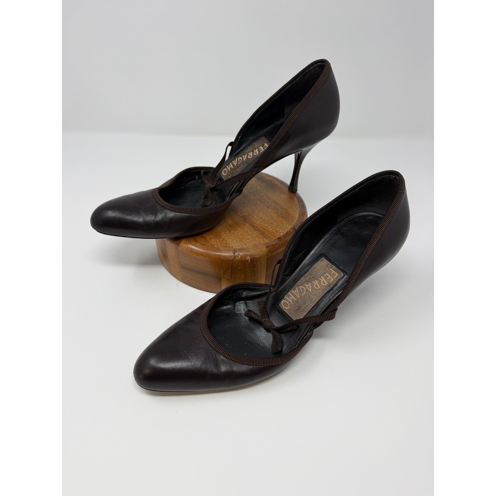 Salvatore Ferragamo Vintage Brown Leather d'Orsay Pumps Ribbon Bow Heels Italy 7